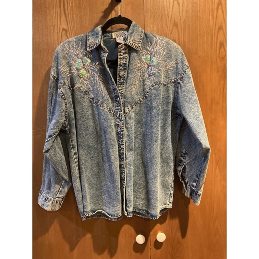 VTG Acid Wash Denim Embellished Western Style Button Shirt‎ by Pretty Bleu Large
